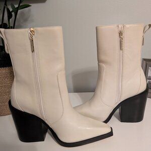 Larroude Women's Cream Leather JAMES Pointed Toe Gold Hardware Boots Size 7.5